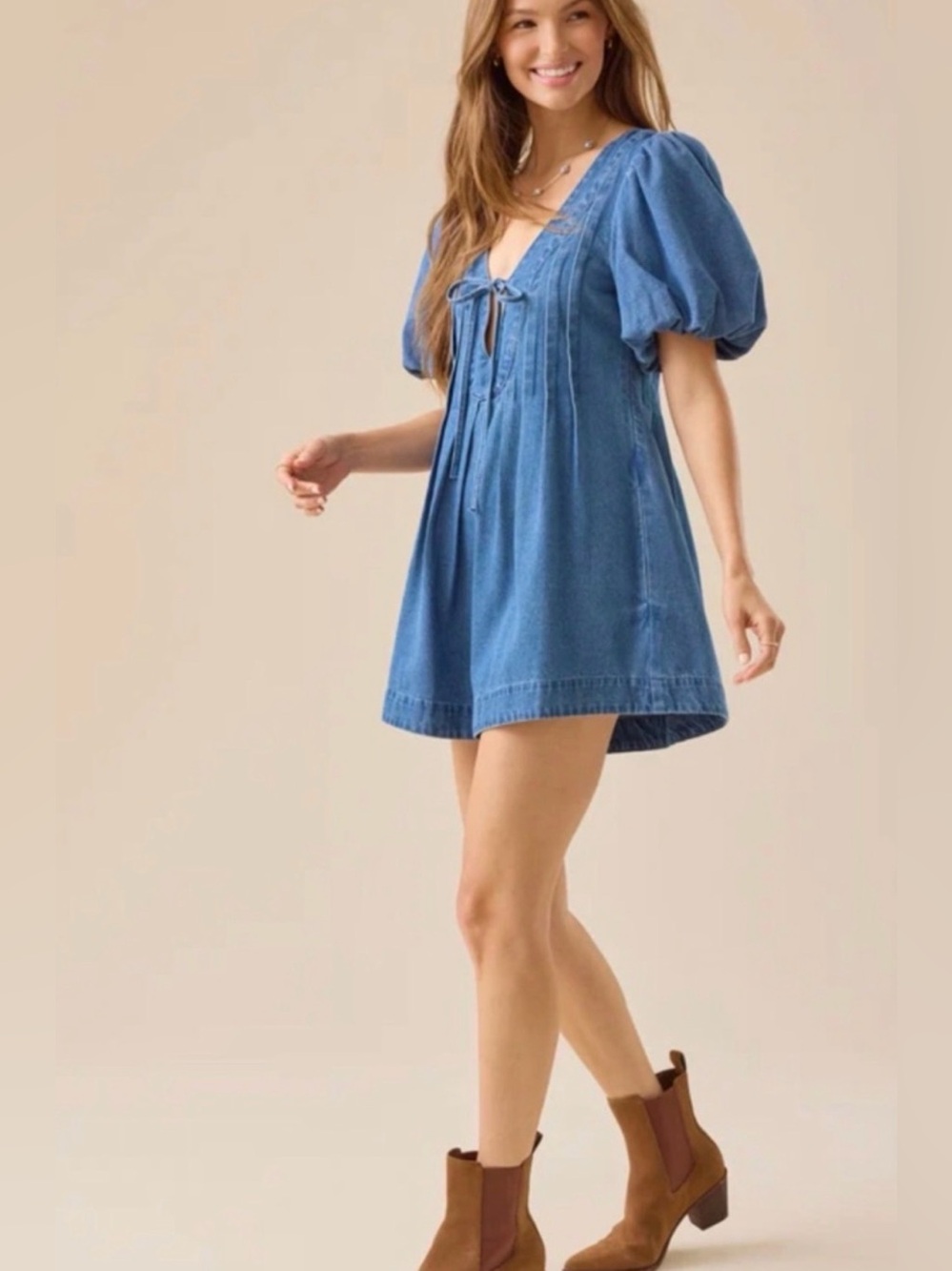 Altar'd State Medium Wash Denim Romper with Puff Sleeves - Blue - Picture 3 of 6